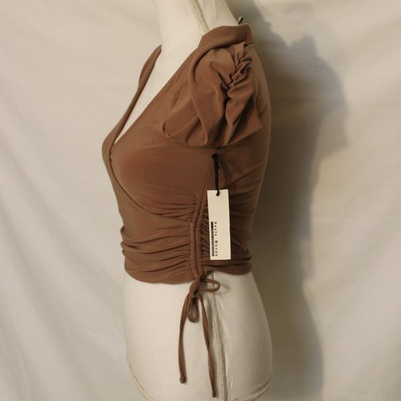 HAUTE MONDE TAN WRAP BLOUSE SIZE SMALL V-NECK FRONT GATHERED 3/4 SLEEVE TIES NWT - Picture 4 of 11